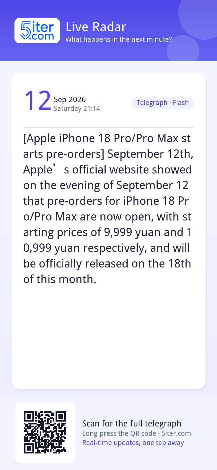 [Apple iPhone 18 Pro/Pro Max starts pre-orders] September 12
