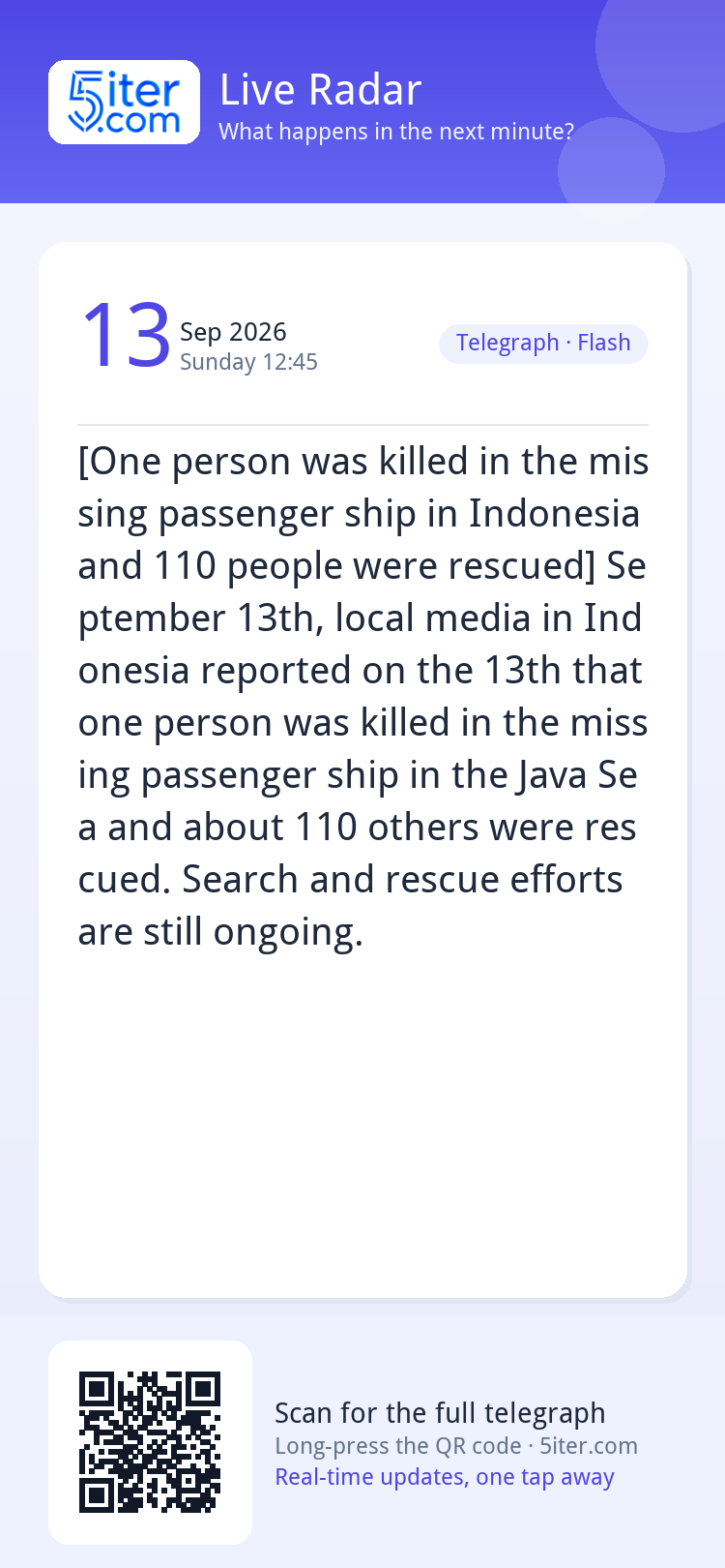 [One person was killed in the missing passenger ship in Indo