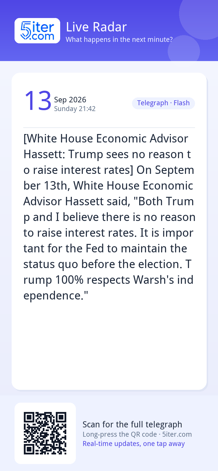 [White House Economic Advisor Hassett: Trump sees no reason 