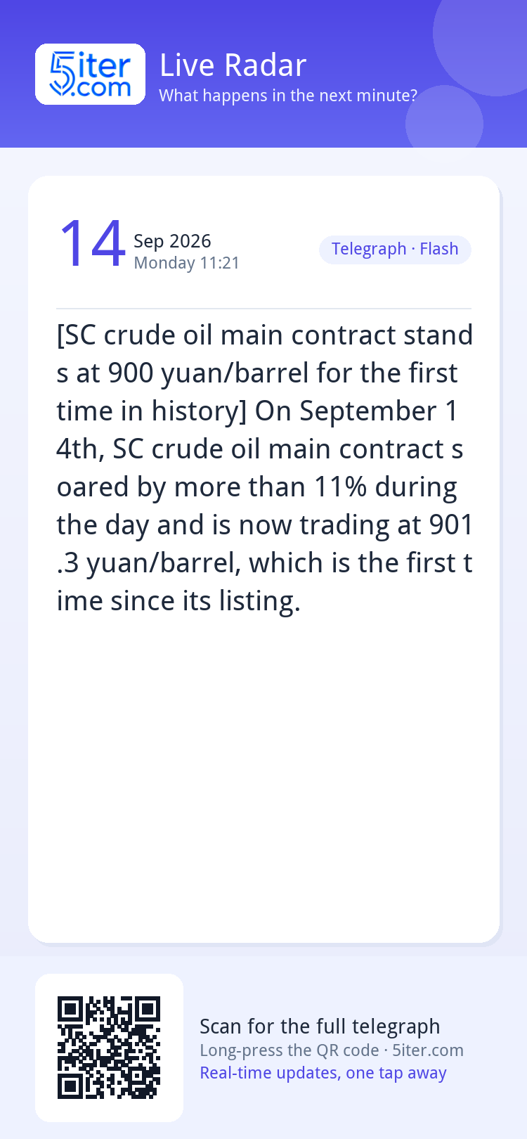 [SC crude oil main contract stands at 900 yuan/barrel for th