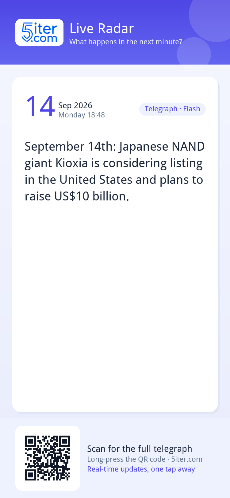 September 14th: Japanese NAND giant Kioxia is considering li