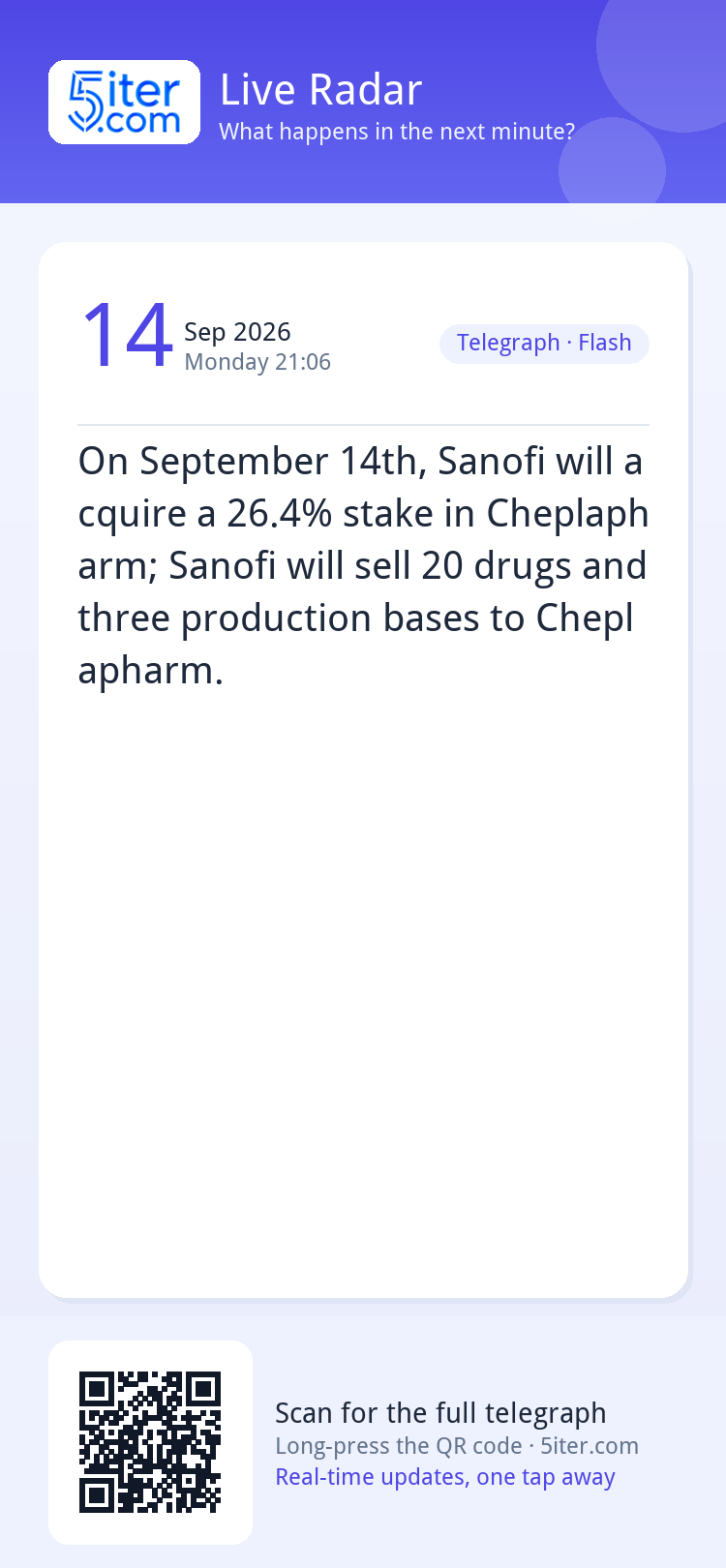 On September 14th, Sanofi will acquire a 26.4% stake in Chep