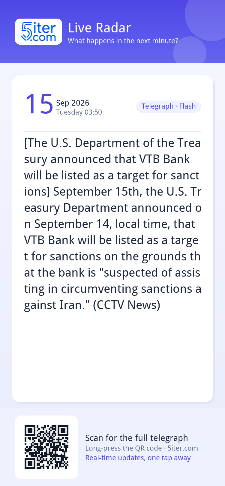 [The U.S. Department of the Treasury announced that VTB Bank