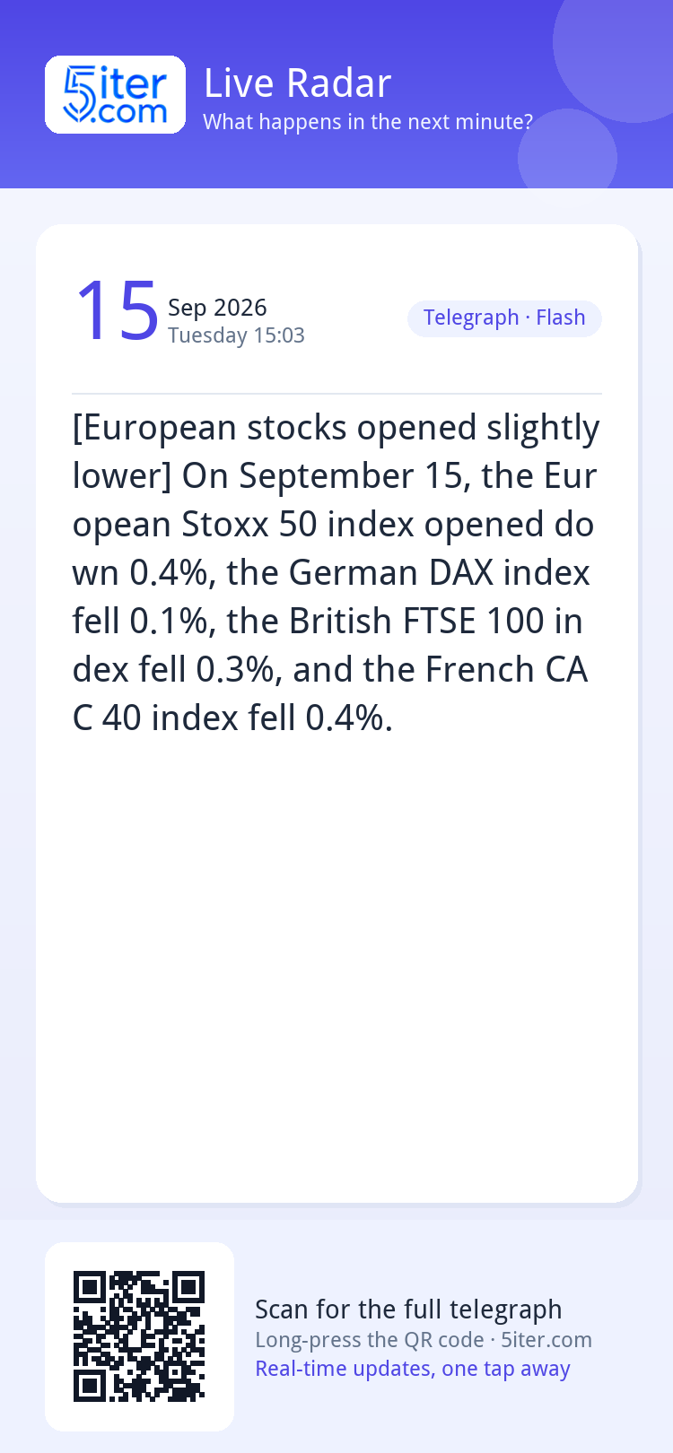 [European stocks opened slightly lower] On September 15, the