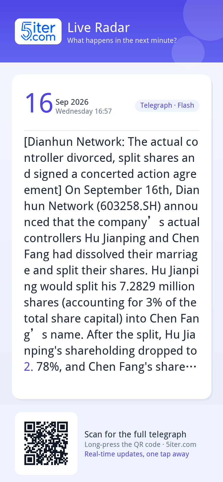 [Dianhun Network: The actual controller divorced, split shar