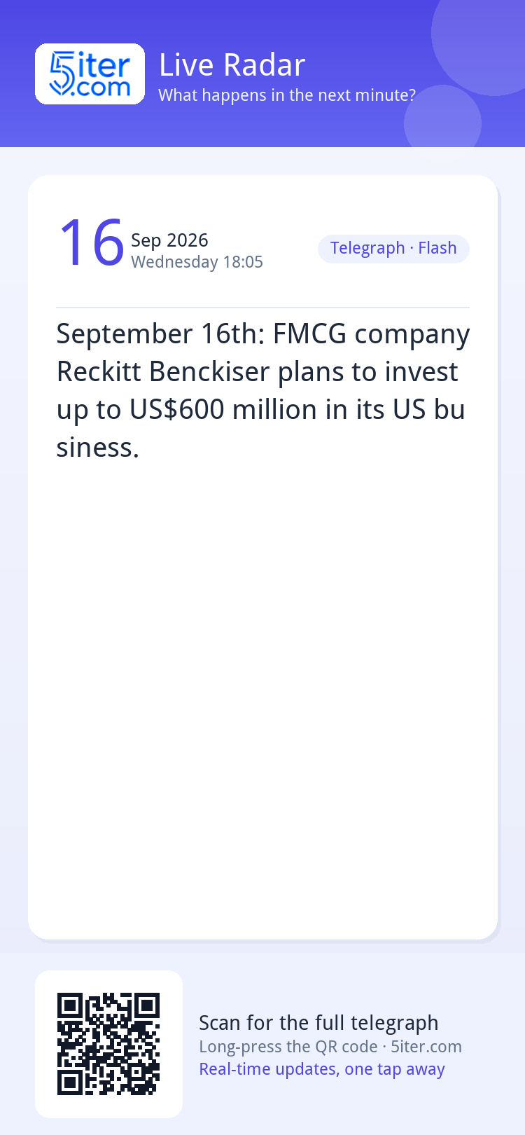 September 16th: FMCG company Reckitt Benckiser plans to inve