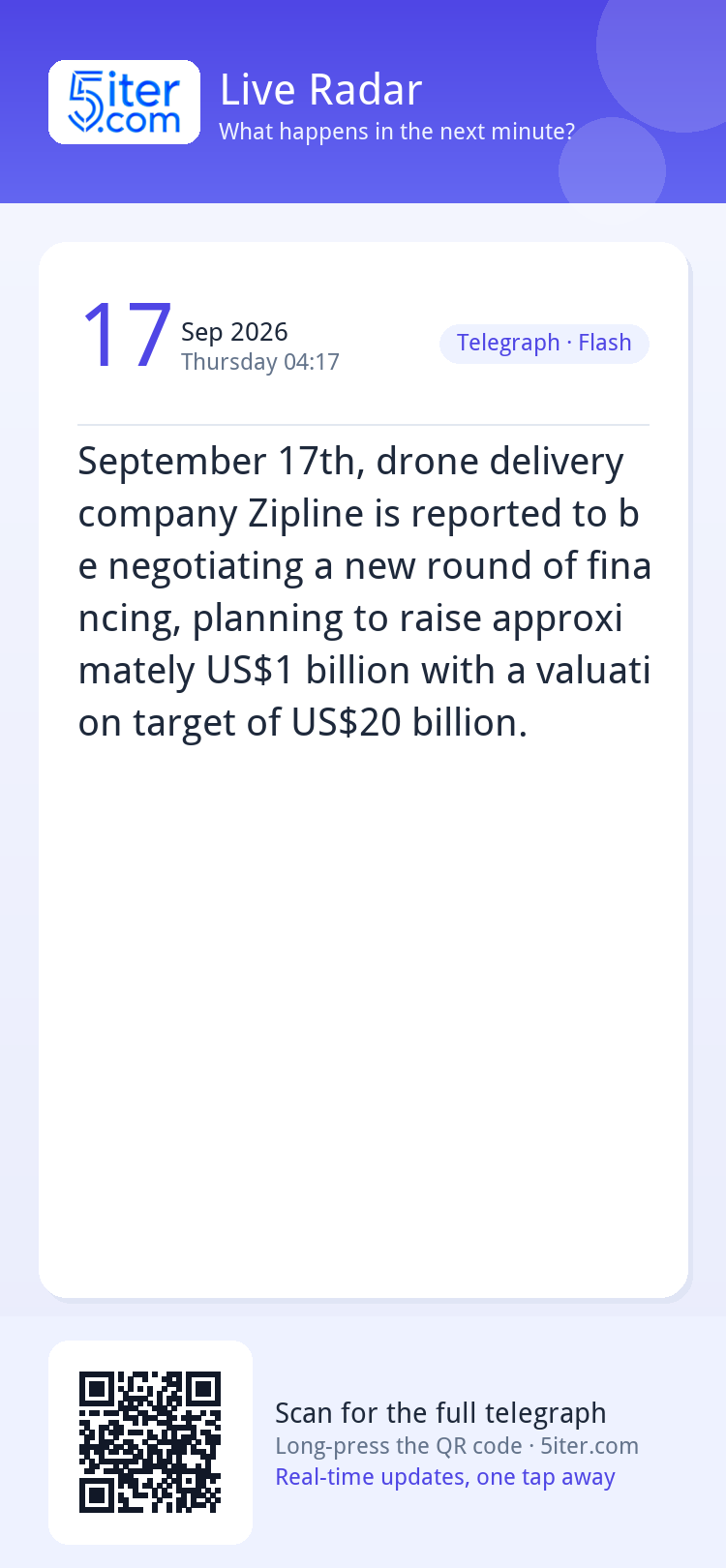 September 17th, drone delivery company Zipline is reported t