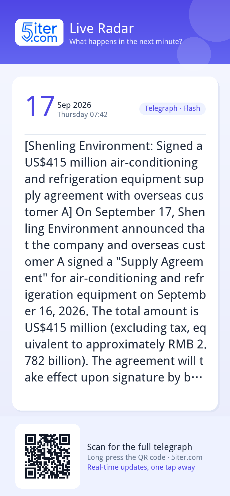 [Shenling Environment: Signed a US$415 million air-condition